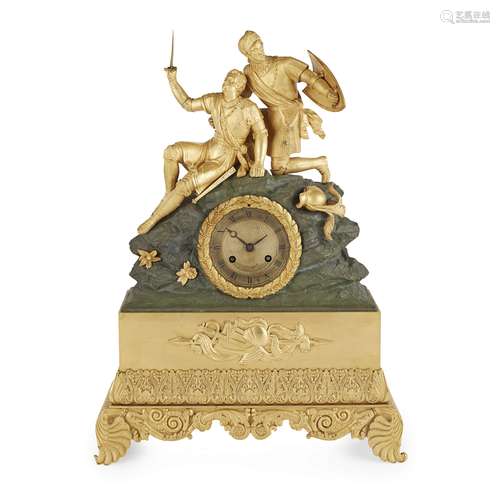 FRENCH RESTORATION GILT AND PATINATED BRONZE MANTEL CLOCK 19TH CENTURY