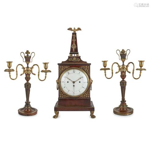 AUSTRO-HUNGARIAN MAHOGANY AND GILT METAL CLOCK GARNITURE LATE 18TH CENTURY