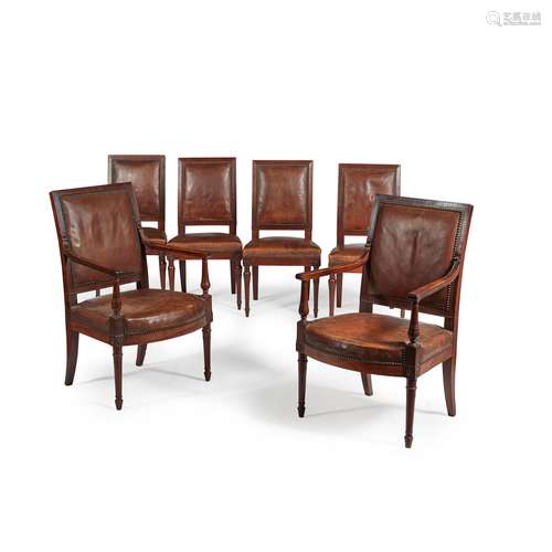 SET OF SIX FRENCH DIRECTOIRE MAHOGANY DINING CHAIRS, BY JEAN-BAPTISTE BERNARD DEMAY LATE 18TH