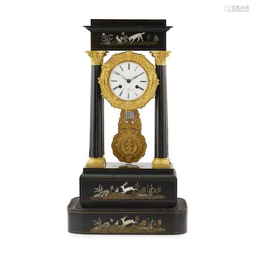 Y FRENCH BRASS, WHITE METAL AND IVORY INLAID EBONISED PORTICO CLOCK 19TH CENTURY