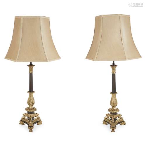 PAIR OF LARGE EMPIRE PATINATED AND GILT BRONZE LAMPS EARLY 19TH CENTURY