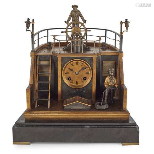 FRENCH GILT AND PATINATED METAL AUTOMATON QUARTER DECK CLOCK, BY GUILMET, PARIS LATE 19TH CENTURY