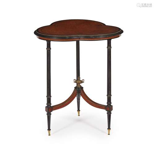 VICTORIAN AMBOYNA, EBONY AND BRASS MOUNTED OCCASIONAL TABLE 19TH CENTURY