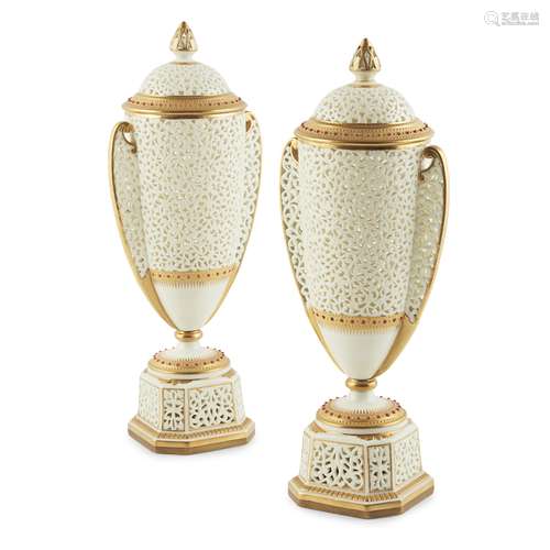 PAIR OF GRAINGER'S WORCESTER RETICULATED URNS LATE 19TH CENTURY