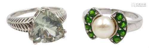 Silver pearl and green stone ring and one other stone set silver ring, both stamped 925