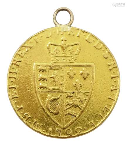 George III gold spade guinea 1792, with soldered pendant mount