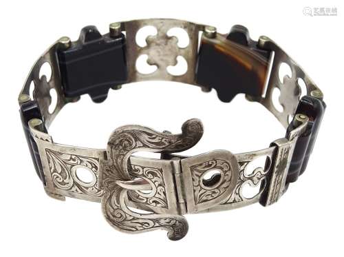 Victorian silver banded agate articulated buckle bracelet