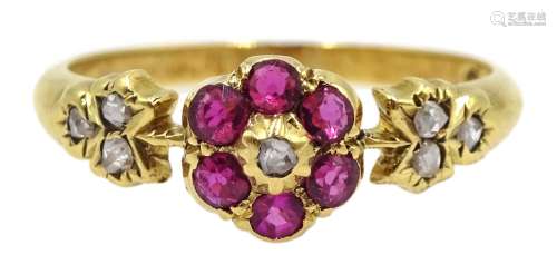 Victorian 18ct gold ruby and diamond flower cluster ring, Chester 1896 [image code: 4mc]