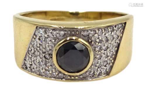 9ct gold round black diamond and pave set white diamond ring, hallmarked