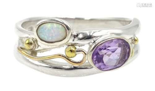 Silver and 14ct gold wire amethyst and opal ring, stamped 925