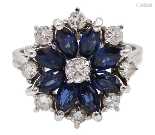 White gold round brilliant cut diamond and marquise cut sapphire flower cluster ring, stamped 18