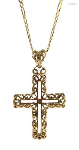 Gold cross pendant, on gold flattened figaro link chain necklace, both hallmarked 9ct, approx 7.96gm