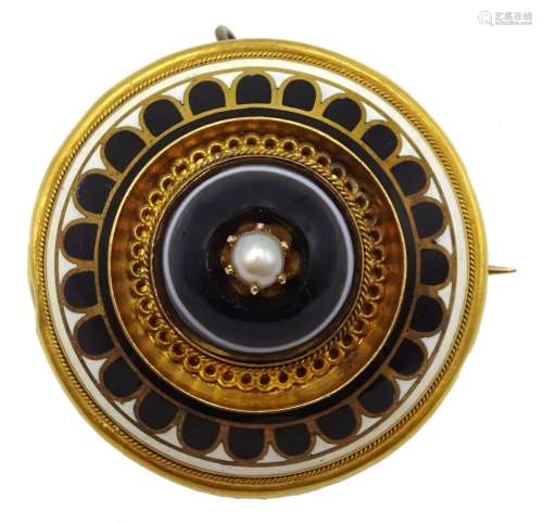 Victorian gold banded agate and enamel memorial brooch of shield form, the banded agate inset with