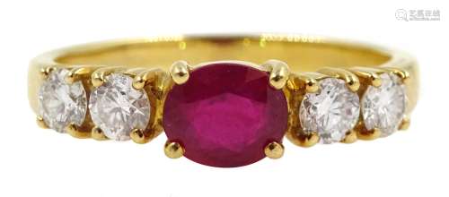 18ct gold five stone oval ruby and round brilliant cut diamond ring, stamped 18K [image code: 4m