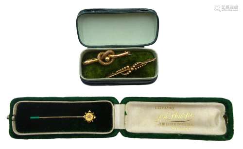 Victorian gold diamond stick pin stamped 15ct, bead bar brooch stamped 9ct and gold knot bar brooch