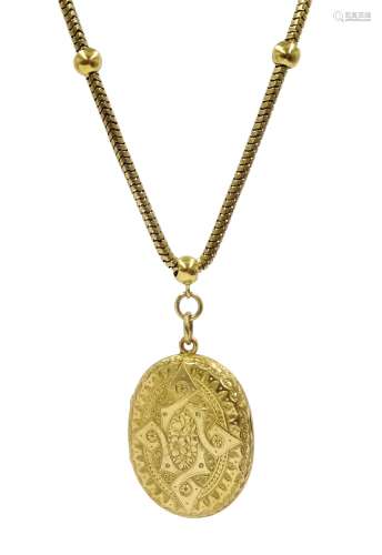 14ct gold snake and ball link chain necklace, with sliding pendant locket, engraved decoration