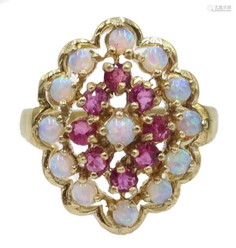 9ct gold ruby and opal cluster ring, hallmarked [image code: 4mc]