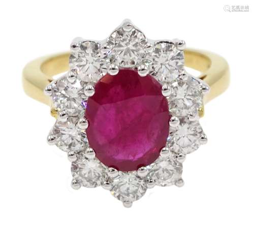 18ct gold oval ruby and round brilliant cut diamond cluster ring, hallmarked, ruby 2.25 carat, tota