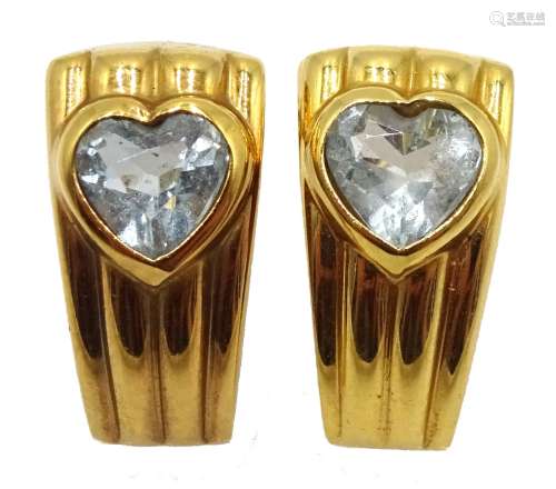 Pair of 9ct gold heart shaped aquamarine, half hoop earrings, hallmarked