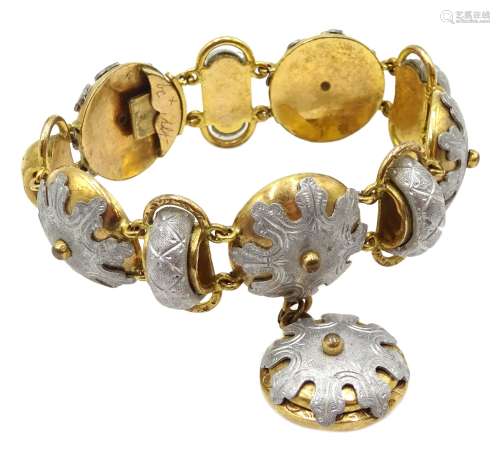 Victorian gilt and aluminium bracelet with drop, each dome gilt link, overlaid with aluminium motifs