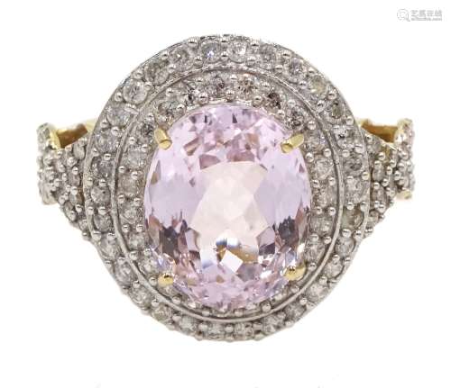 18ct gold oval kunzite and two row diamond cluster ring, with diamond set shoulders by Lorique, ha