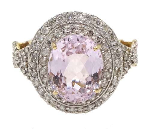 18ct gold oval kunzite and two row diamond cluster ring, with diamond set shoulders by Lorique, ha
