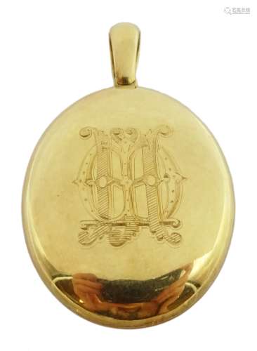 18ct gold oval hinged locket pendant, engraved initials on both sides, stamped 18 makers marks AD
