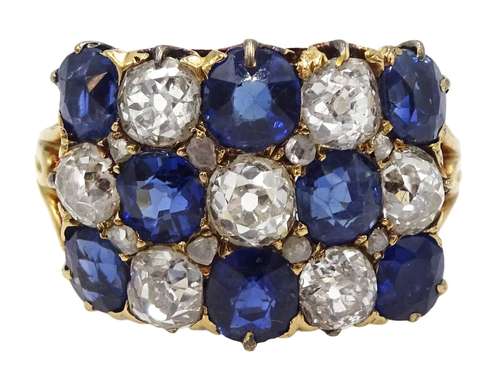 Victorian 18ct gold ring, with three rows of alternating swiss and old cut sapphires, and old cut d