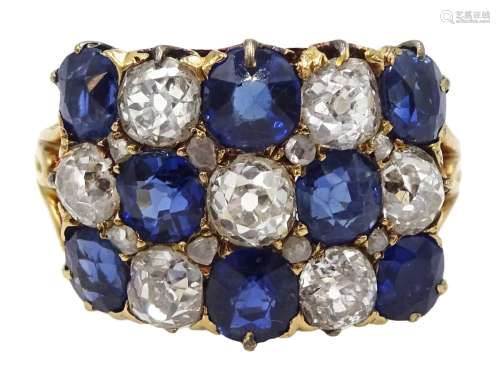 Victorian 18ct gold ring, with three rows of alternating swiss and old cut sapphires, and old cut d
