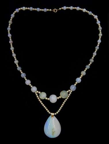 Early-mid 20th century moonstone, pearl and glass bead necklace, with gold opal pendant