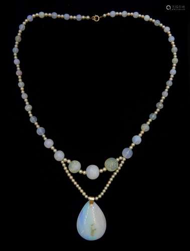 Early-mid 20th century moonstone, pearl and glass bead necklace, with gold opal pendant