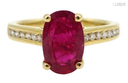 18ct oval ruby ring, with diamond set shoulders, hallmarked, ruby approx 2.40 carat [image code: