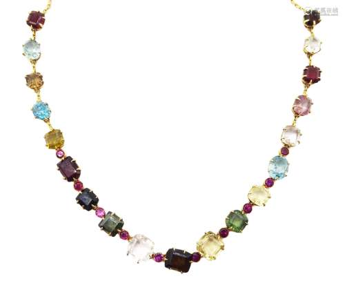 Edwardian gold multi gem set necklace, comprising of cushion, round and oval cut topaz, sapphire, to