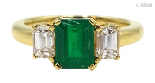 18ct gold emerald and baguette cut diamond ring, hallmarked, emerald approx 1.20 carat, diamond tot