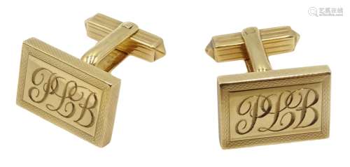 Pair of 9ct gold cufflinks, engine turned decoration and engraved with initials 'PLB', Birmingham 1
