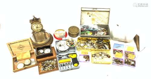 A group of clock and watch parts for repairs, to include various watch dials, clock hands, etc.