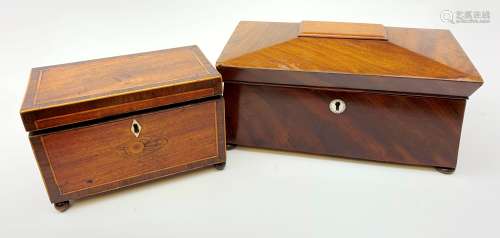 A 19th century mahogany tea caddy, of sarcophagus form and raised upon four bun feet, with inset mo