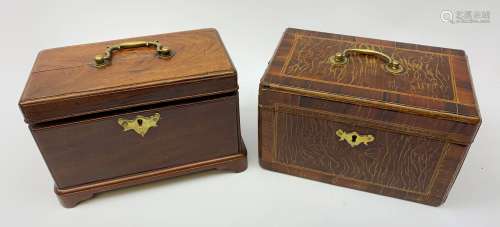 Two late 18th century tea caddies, the first an oak example with bracket feet and brass carry handl