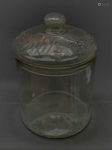 An early 20th century Vintage Smith�s Crisps glass counter top jar, of cylindrical form, the removab