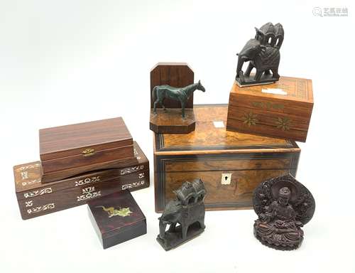 A 19th century walnut box, with mother of pearl cartouche and escutcheon, together with a further m