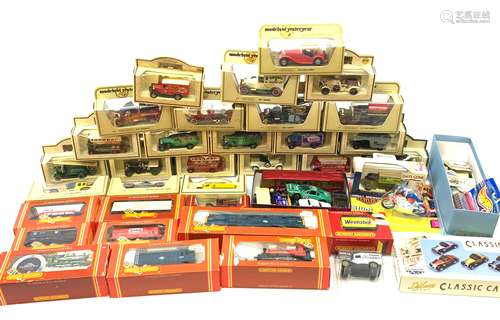 Boxed diecast model vehicles including Matchbox 'models of yesteryear', Hornby 00 gauge rolling stoc