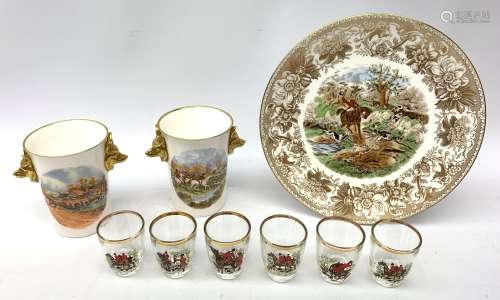 A collection of hunting related items, comprising a pair of Caverswall beakers, each with twin gilt