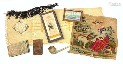 A group of assorted collectables, to include a small framed and glazed painting of a ship at sea, a