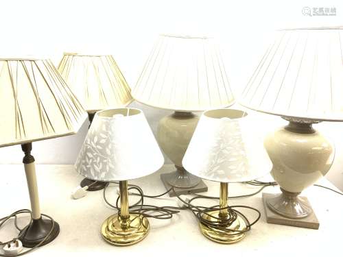 Three pairs of table lamps, the largest cream crackle glaze pair of baluster form, including shade