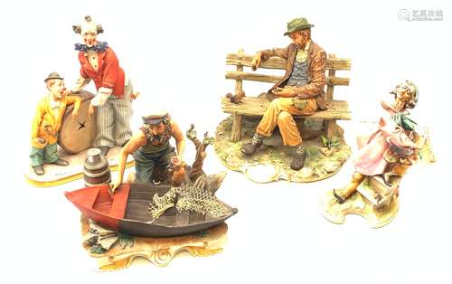 A group of four Capodimonte figurines, comprising The Fisherman, Tramp on Bench, each with accompany