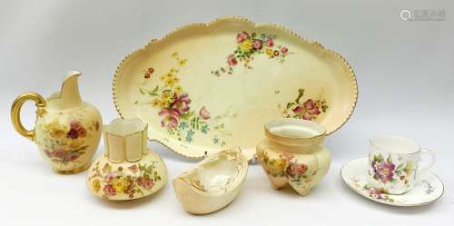 A group of Royal Worcester blush ivory, comprising an shaped oval tray, L32cm, small ewer, H12.5cm,