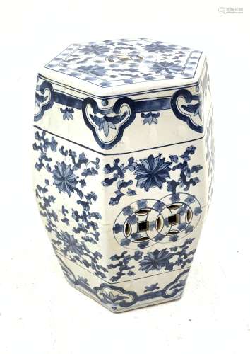 A Chinese blue and white garden seat, of hexagonal barrel form, decorated with stylised flowers, H48