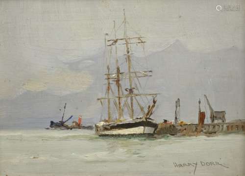 Harry Dorr (British 1872-1950): Ship at Anchor off a Pier, oil on board signed 14cm x 19cm
