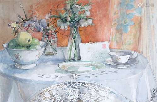 Betty Coates (British 20th century): Still Life with Flowers and Letter, watercolour signed (unfram