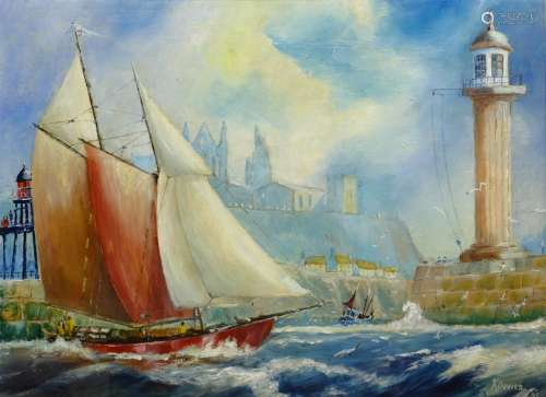 Ken Davies (British Contemporary): Crossing the Bar Whitby Harbour, oil on board signed 32cm x 44cm